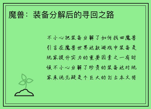 魔兽：装备分解后的寻回之路